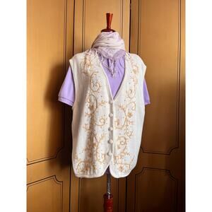 Vintage knitted vest in cream with embroideries, size XL